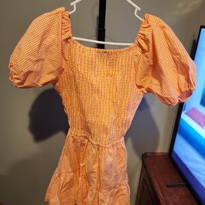 Orange Gingham Puff-Sleeve Smocked Mini Dress